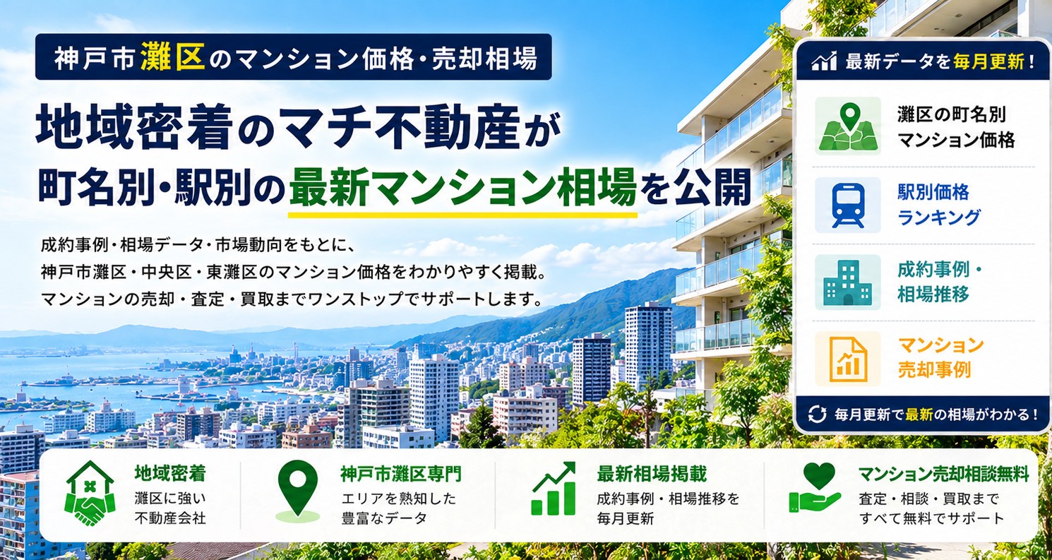 神戸市灘区のマンション価格・売却相場　地域密着のマチ不動産が町名別・駅別の最新マンション相場を公開。成約事例・相場データ・市場動向をもとに、神戸市灘区・中央区・東灘区のマンション価格をわかりやすく掲載。マンションの売却・査定・買取までワンストップでサポートします。