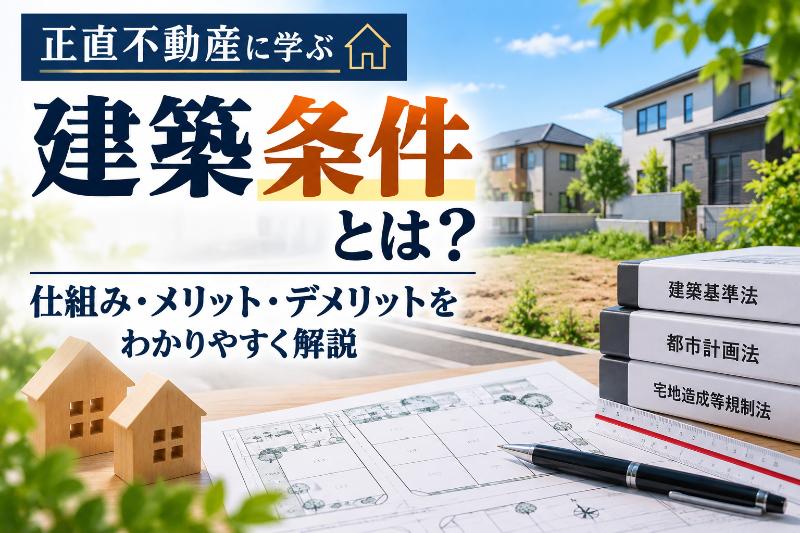 正直不動産に学ぶ建築条件付き土地とは？建築条件の仕組みや建築条件なし土地との違い、メリット・デメリット、購入時の注意点を解説するアイキャッチ画像。