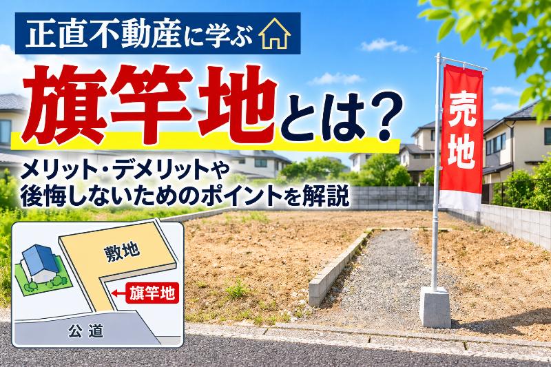 旗竿地とは？道路に接する細長い通路と奥の敷地からなる土地の形状を図解。旗竿地のメリット・デメリット、購入時の注意点や売却のポイントを解説するアイキャッチ画像。