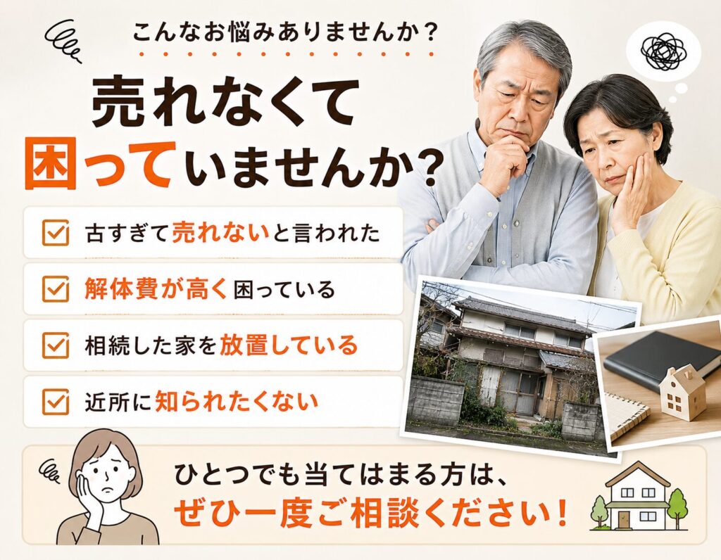 こんなお悩みありませんか？うれなくて困っていませんか？古すぎて売れないと言われた。解体費が高く困っている。相続した家を放置している。近所に知られたくない。ひとつでも当てはまる方は是非一度ご相談下さい