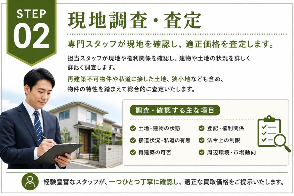 STEP 02
現地調査・査定
専門スタッフが現地を確認し、適正価格を査定します。

担当スタッフが現地や権利関係を確認し、建物や土地の状況を詳しく調査します。

再建築不可物件や私道に接した土地、狭小地なども含め、物件の特性を踏まえて総合的に査定いたします。

調査・確認する主な項目
土地・建物の状態
接道状況・私道の有無
再建築の可否
登記・権利関係
法令上の制限
周辺環境・市場動向

経験豊富なスタッフが、一つひとつ丁寧に確認し、適正な買取価格をご提示いたします。