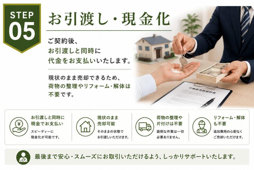 STEP 05 お引渡し・現金化 ご契約後、お引渡しと同時に代金をお支払いいたします。 現状のまま売却できるため、荷物の整理やリフォーム・解体は不要です。