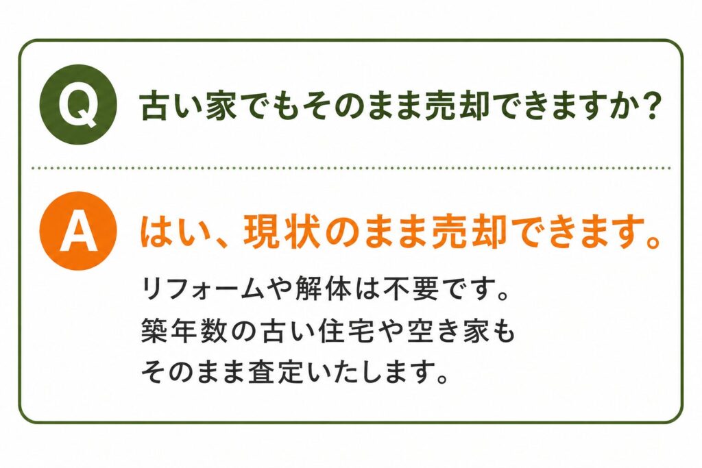 Q. 古い家でもそのまま売却できますか？ A. はい、現状のまま売却できます。 リフォームや解体は不要です。築年数の古い住宅や空き家もそのまま査定いたします。