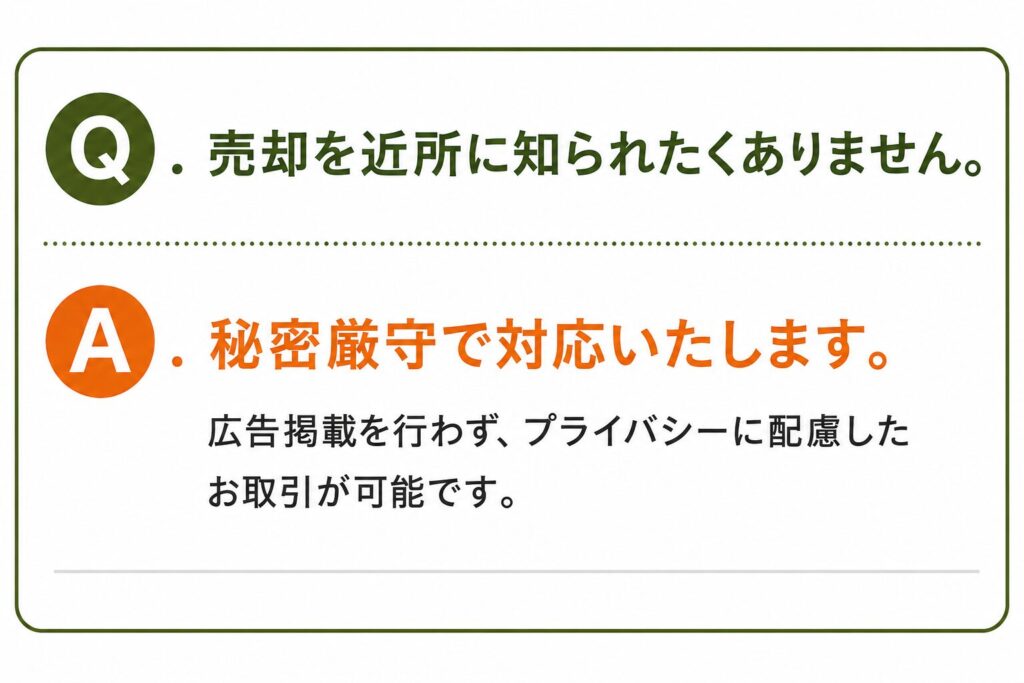 Q. 売却を近所に知られたくありません。

A. 秘密厳守で対応いたします。
広告掲載を行わず、プライバシーに配慮したお取引が可能です。