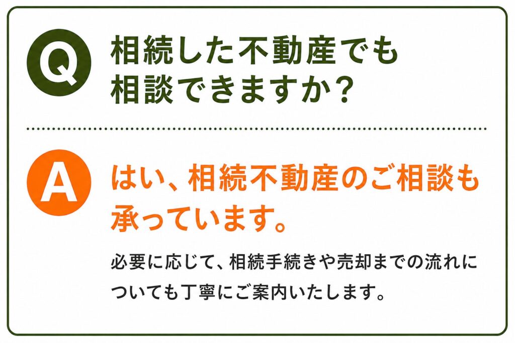 Q. 相続した不動産でも相談できますか？ A. はい、相続不動産のご相談も承っています。 必要に応じて、相続手続きや売却までの流れについても丁寧にご案内いたします。
