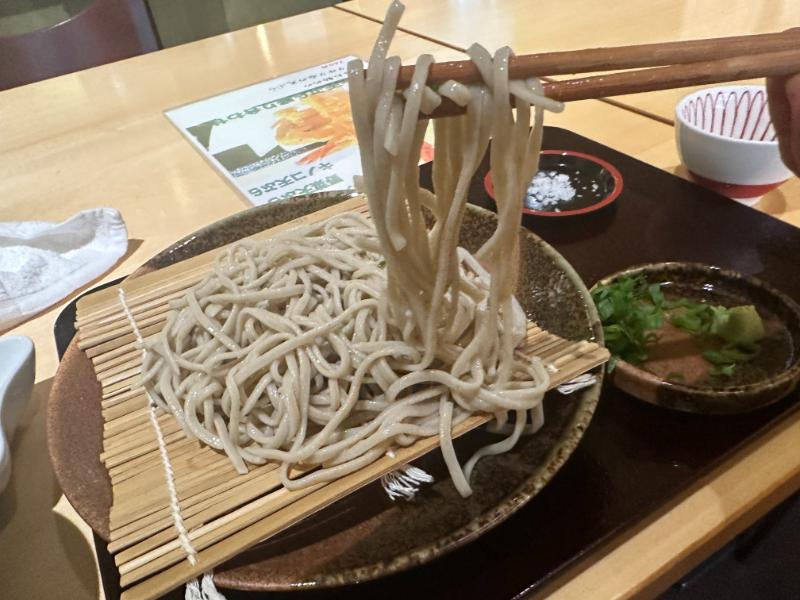 そば処河内屋の十割そばを箸で持ち上げた様子、やや太めで平たい手打ちの麺
