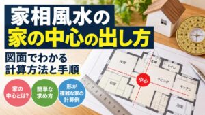 家相風水における家の中心の出し方を解説。間取り図を使った中心点の求め方から、複雑な形の住宅の中心計算方法まで、図解と計算例でわかりやすく紹介